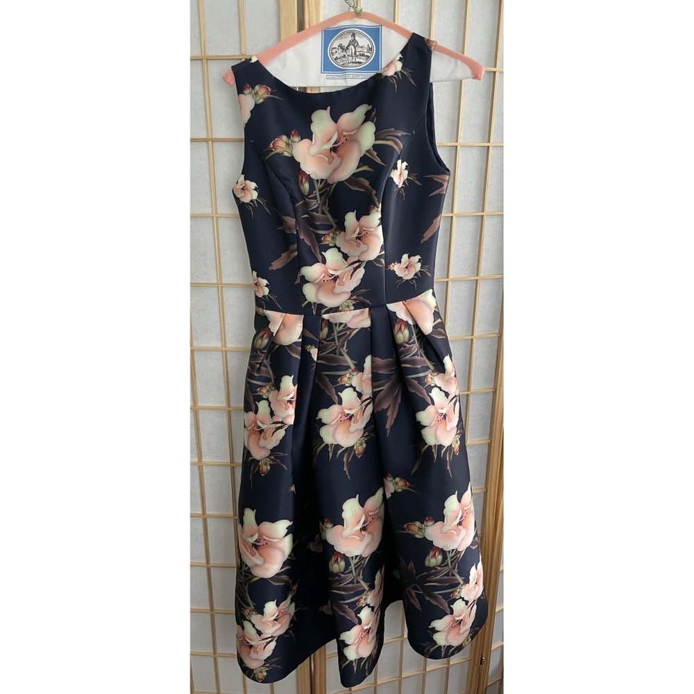 Chi Chi London Navy Floral Print Midi Skater Dress Size UK8/US4